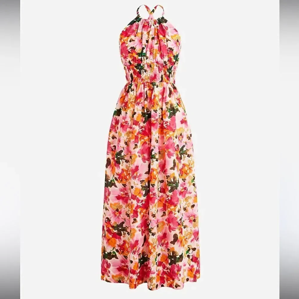 J CREW Halter-neck cross-back dress in floral cotton voile Small